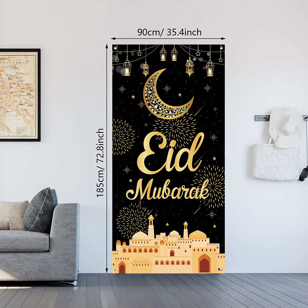 XXL Eid Mubarak Banner 185 x 90 cm | Wasbaar en Herbruikbaar | Achtergrond Ramadan Zwart Goud | Ramadan Muur decoratie | Versiering Ramadan Mubarak